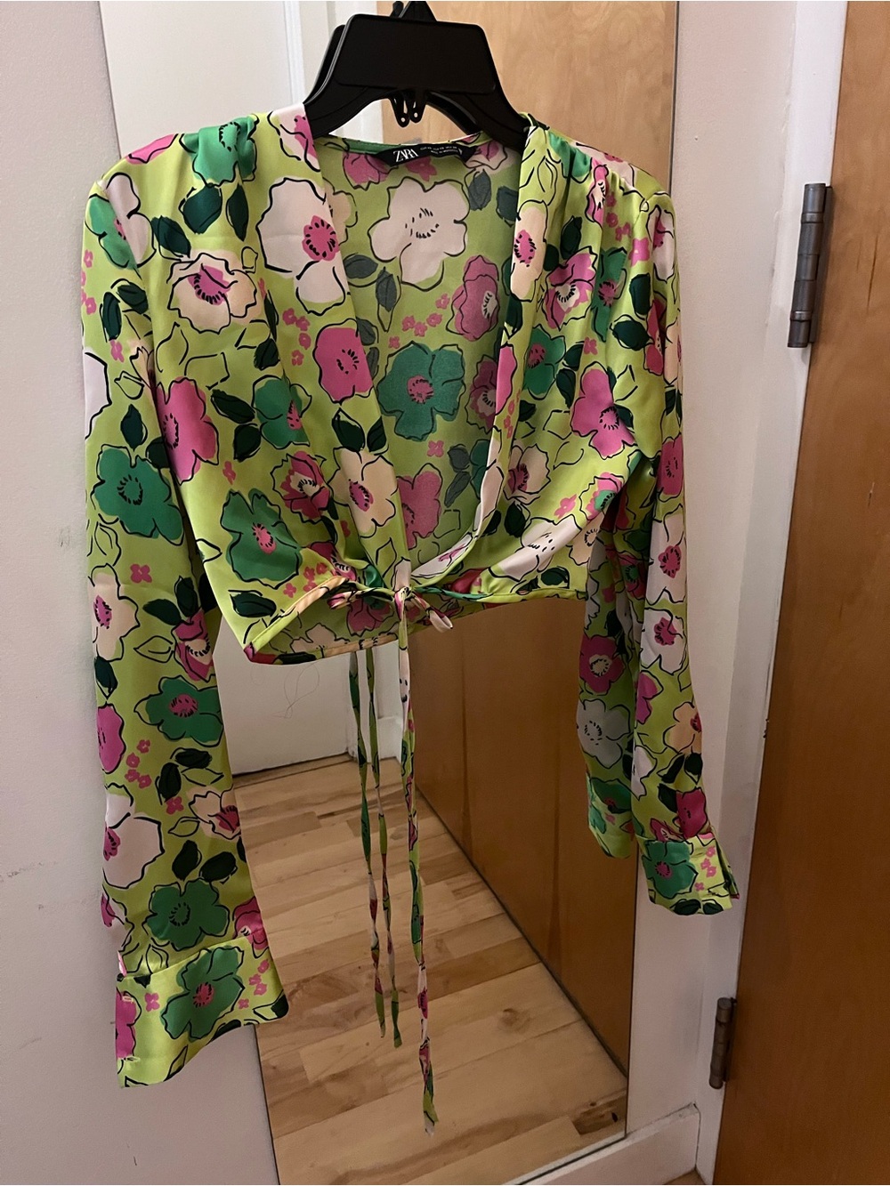 Zara Floral Tie-Front Blouse with Pink & White Blooms